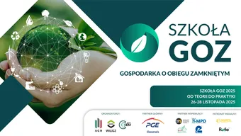 Grafika promująca wydarzenie Szkoła GOZ 2025 – Gospodarka o Obiegu Zamkniętym, z motywem dłoni trzymającej zieloną kulę ziemi oraz ikonami związanymi ze zrównoważonym rozwojem.